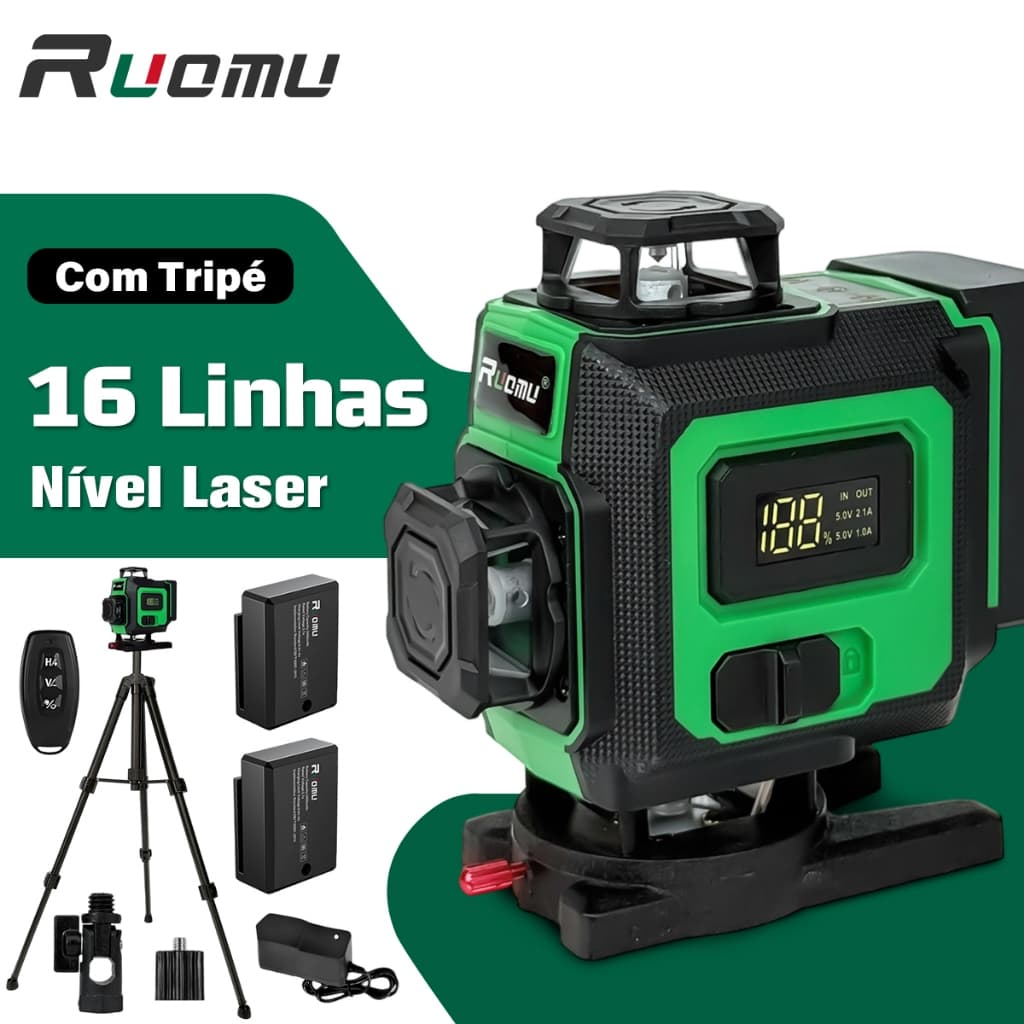 Nivel A Laser Profissional Com Tripe 16 Linhas 4d Verde Autonivelante Nível Laser 2 Baterias