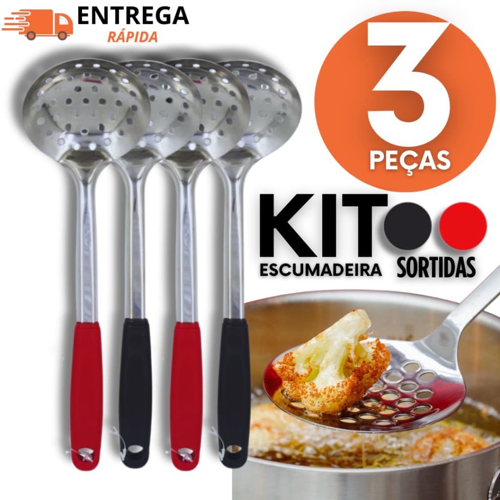 Escumadeira Inox 29,8cm Linha Black Para Frituras Retirar Alimentos Óleo Uso Em Cozinha Casa