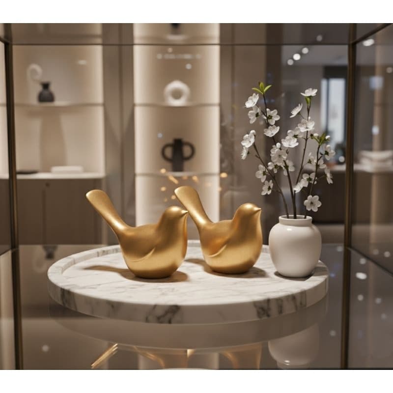 2 passarinhos Conjunto Decorativo Luxo  – Escultura Pássaros Birdies Premium Para Estante Sala Home Office