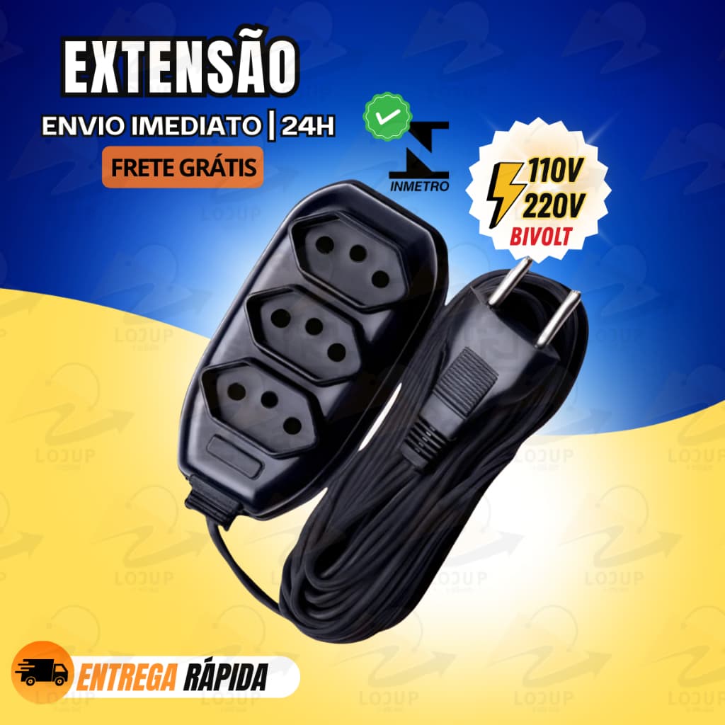Extensão Elétrica 10 Metros 110/220v Bivolt Tripolar Cor Preta Resistente / Não Derrete / 3 Entradas