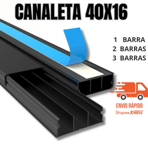 CANALETA 40X16 LARGA PRETA COM DIVISORIA E FITA DUPLA FACE ATÉ 3 BARRAS