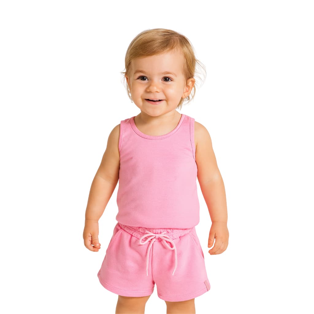 Conjunto Infantil Menina Regata e Bermuda Moletom Rosa | Verão Fresquinho