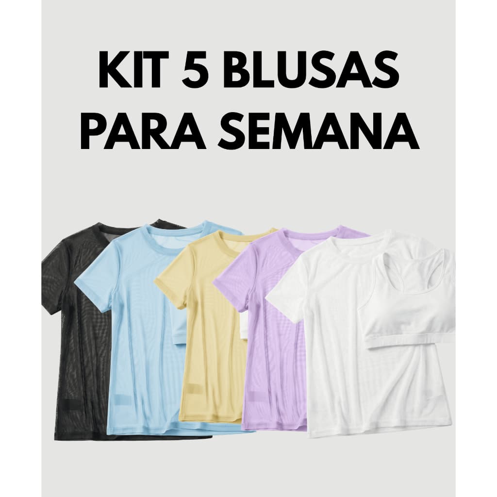 Kit 5 Blusa Feminina Transparente de Tule Manga Curta Camiseta Para Treino Academia Elegante Para Semana