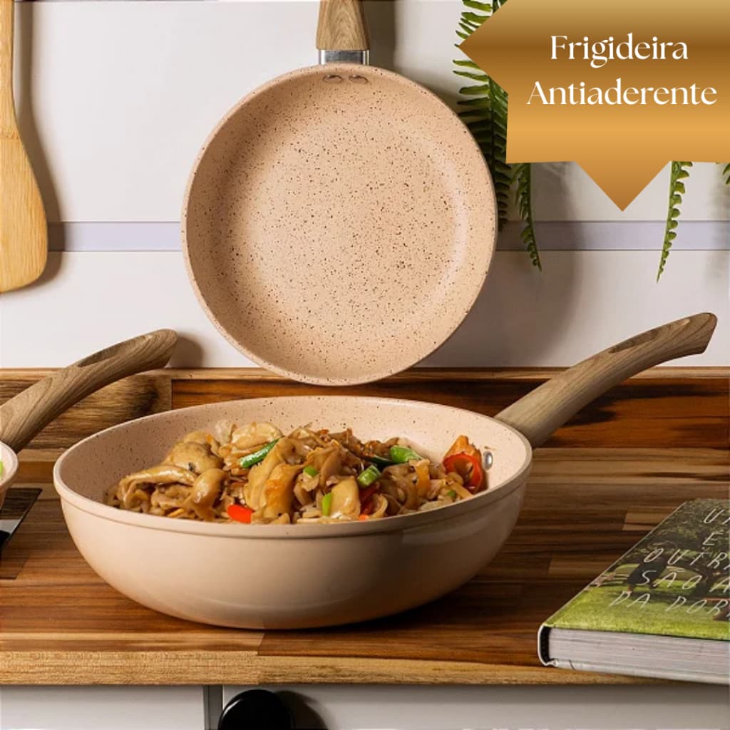 Kit  2 Frigideiras Antiaderente Revestimento Cerâmico - 1BEGE/CINZA ou 2BEGES/CINZAS+ESPÁTULA