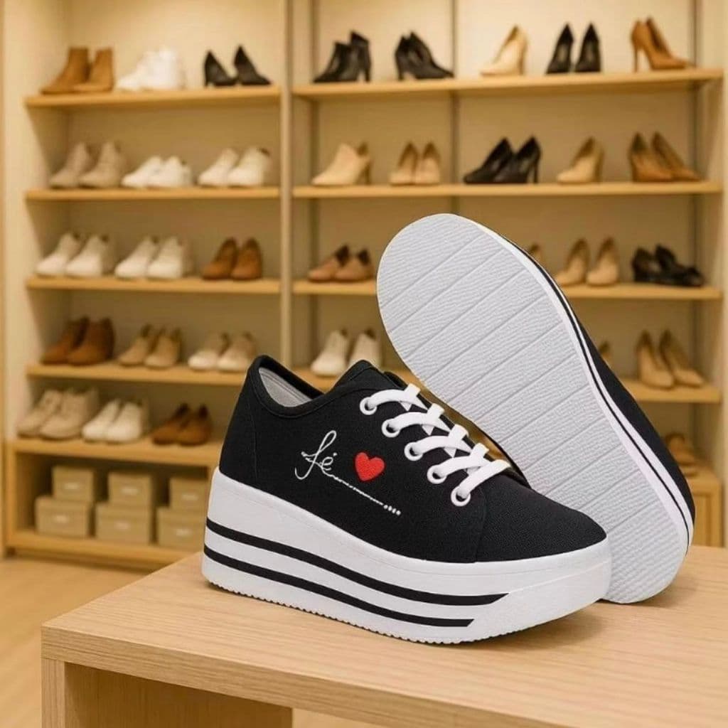 TENIS PLATAFORMA LEVE CONFORTAVEL BRANCO PRETO CASUAL PASSEIO DIA A DIA