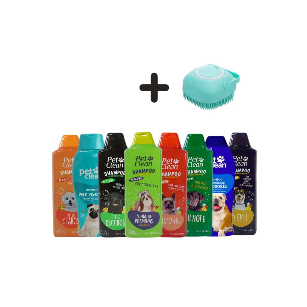 Kit Shampoo e Condicionador Pet Clean 700ml + Escova de Banho Massageadora Para Cães e Gatos