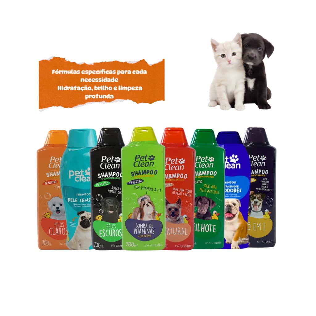 Shampoo e Condicionador Pet Clean PetClean 700ml Pet Cachorro Gato Linha Completa Pelos e Pele