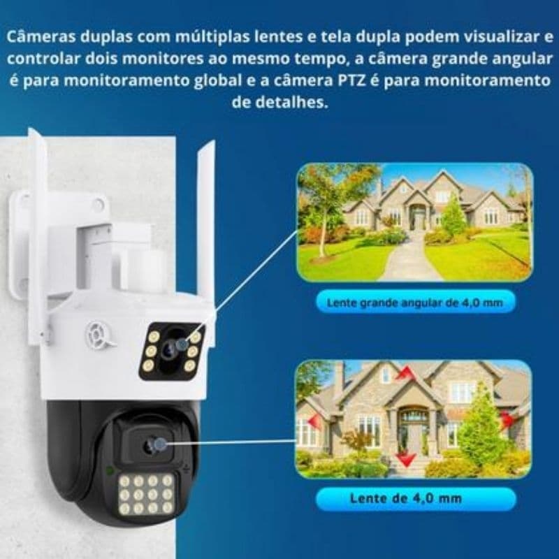 Câmera De Segurança Externa Lente Dupla 4k Led Sirene Policial
