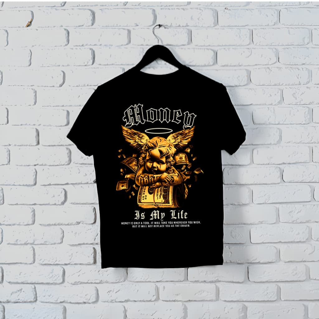 Camiseta Básica Preta em Malha Fria PV Estampa Money Is My Life