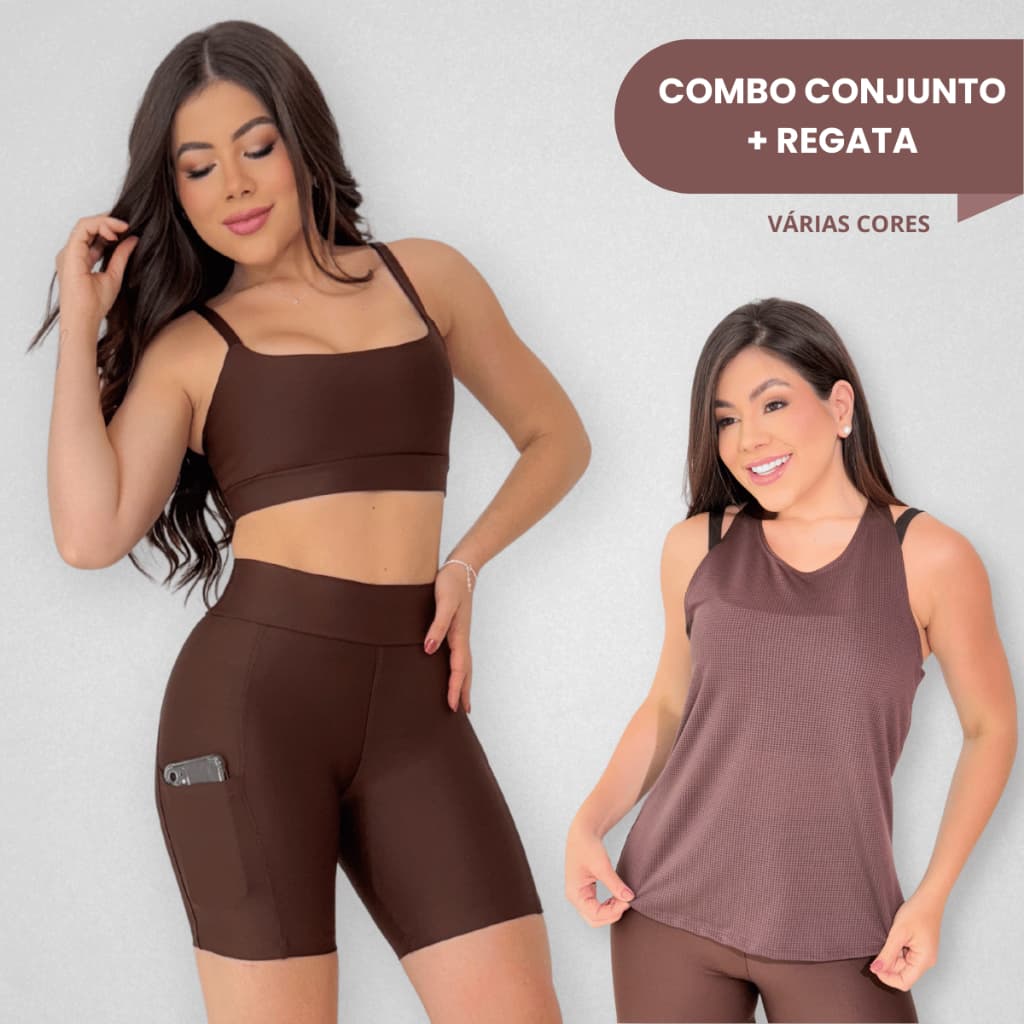Combo Conjunto Fitness Feminino Suplex + Regata Dry Fit Academia Look Esportivo Top Short  Blusa
