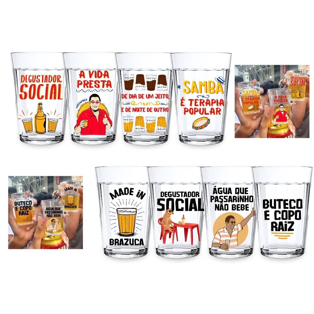 Jogo 4 Copos Americanos Personalizado Frases Engraçadas Brasilidades Samba Cerveja Boteco Presente