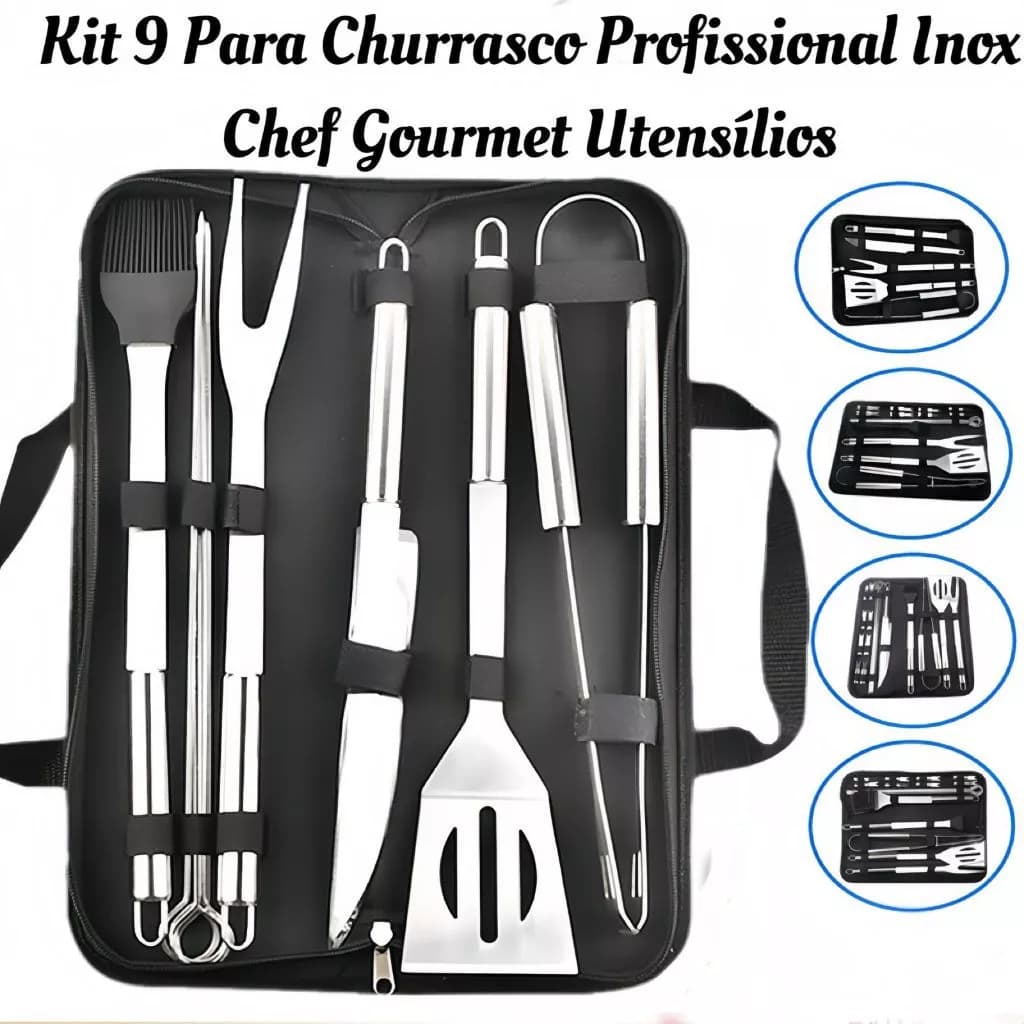 Conjunto de Churrasco 9 Peças Inox Profissional C/ Bolsa - BM-F1026