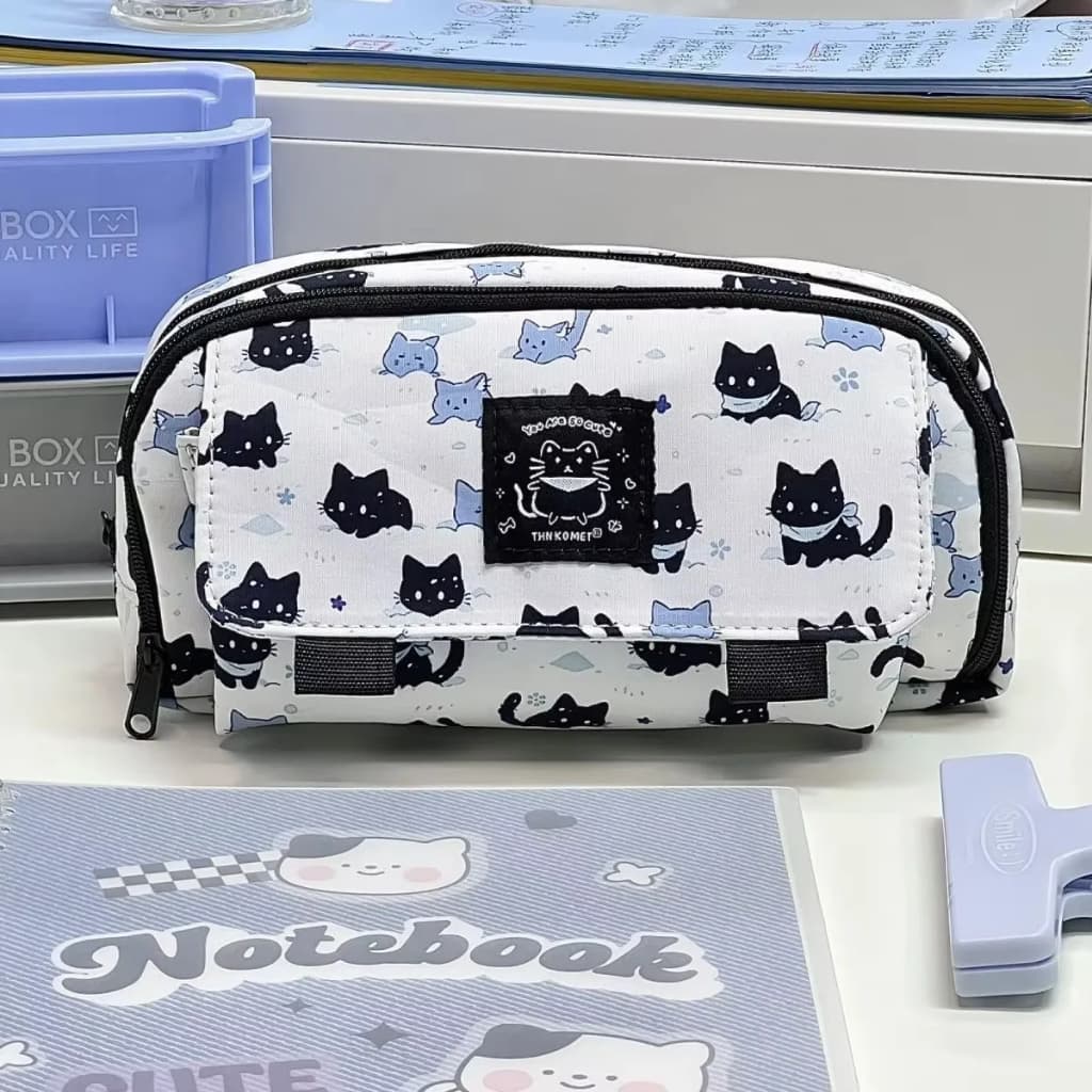 Estojo Escolar Gato da Neve Kawaii | Grande Capacidade 3 Camadas | Nécessaire Fofa Organizadora