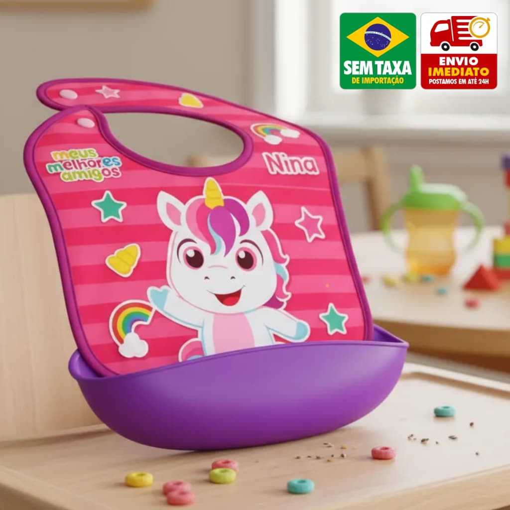 Babador Infantil Silicone Impermeável Coletor + Escova Dental Macia Com Capa Personagens