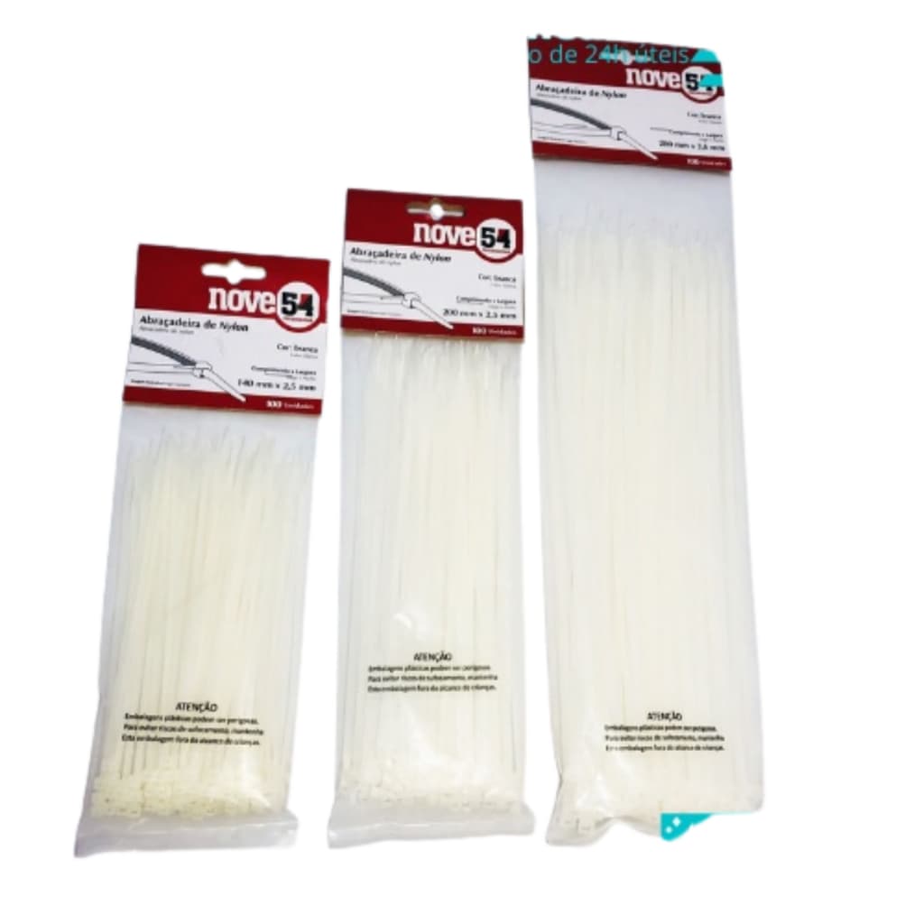 Abraçadeira de Nylon Branca 100un 140mmx2,5mm/200mmx2,5/280mmx3,6mm Lacre Enforca Gato Fixação