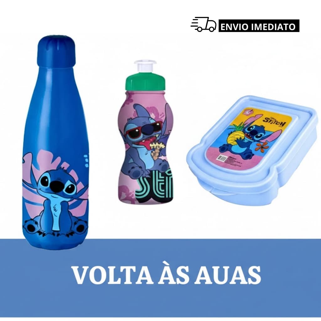 Kit Volta as Aulas Stitch Lancheira Marmita Garrafa Squeeze Escolar Anti-Vazamento