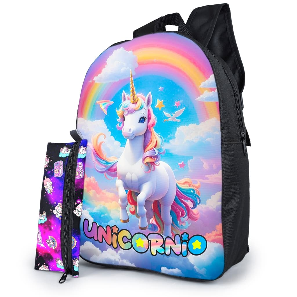 Kit Mochila Bolsa Escolar Menina Estampa de Unicórnio e Estojo Simples Resistente com Alça Ajustável