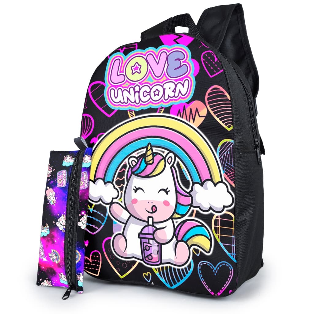 Kit Escolar Menina Mochila Estampa Unicórnio com Alça Ajustável + Estojo Simples Bolsa Resistente