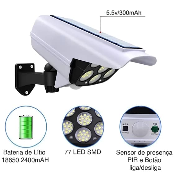 Câmera Falsa Solar Com Sensor Presença Com 77LEDS Antifurto Refletor