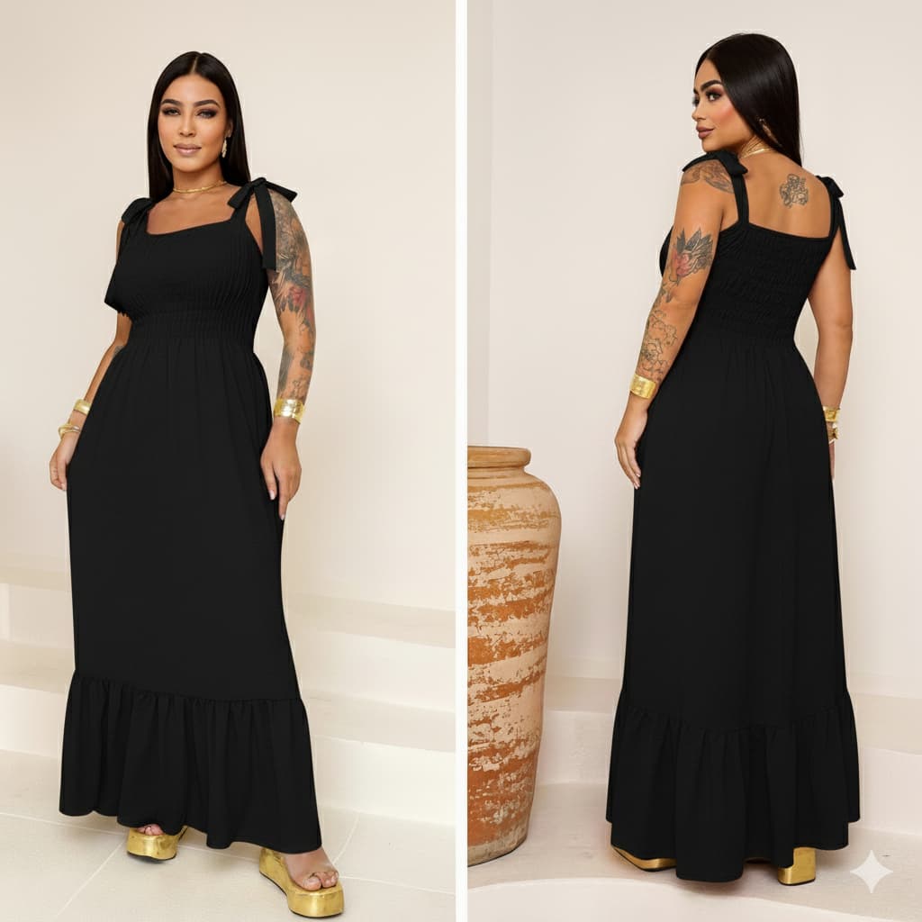 Vestido Longo em Tecido Duna com Lastex, Forro e Alças de Laço – Elegante, Fresquinho e Ideal para o Dia a Dia