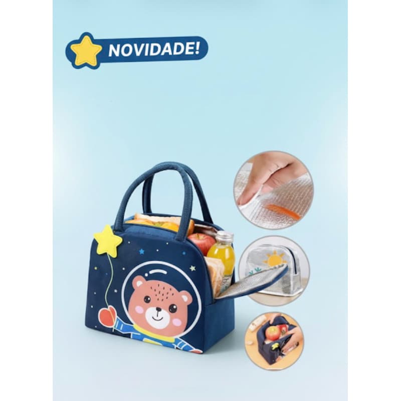 Bolsa Térmica Infantil Menino Menina Ursinho Astronauta Lanche Escolar Creche Marmita Merenda