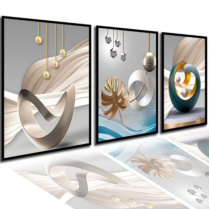 Kit 3 Quadros Decorativos Abstratos Luxo 40x60cm - Instalação Rápida com Fita 3M