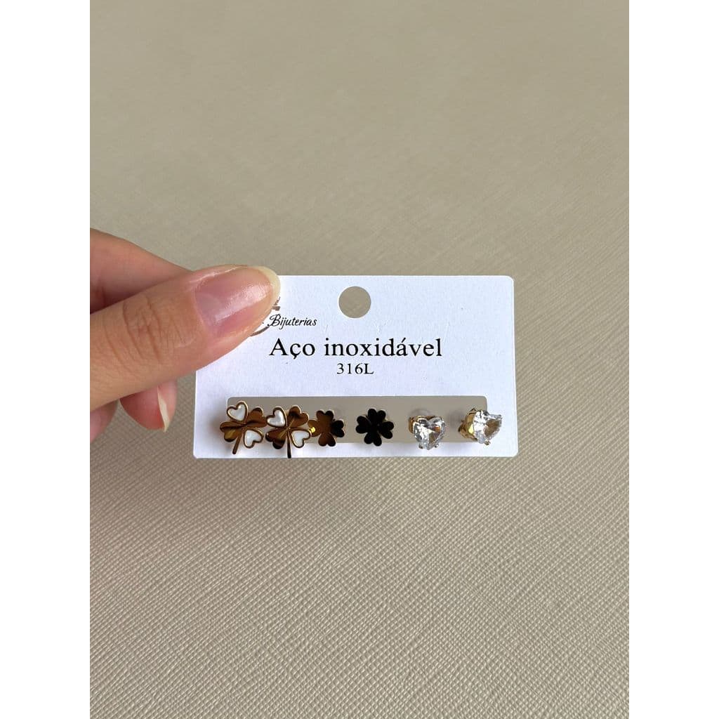 Trio de Brincos Feminino em Aço Inoxidável 316L Branco e Preto com Brilho Trevo de Quatro Folhas