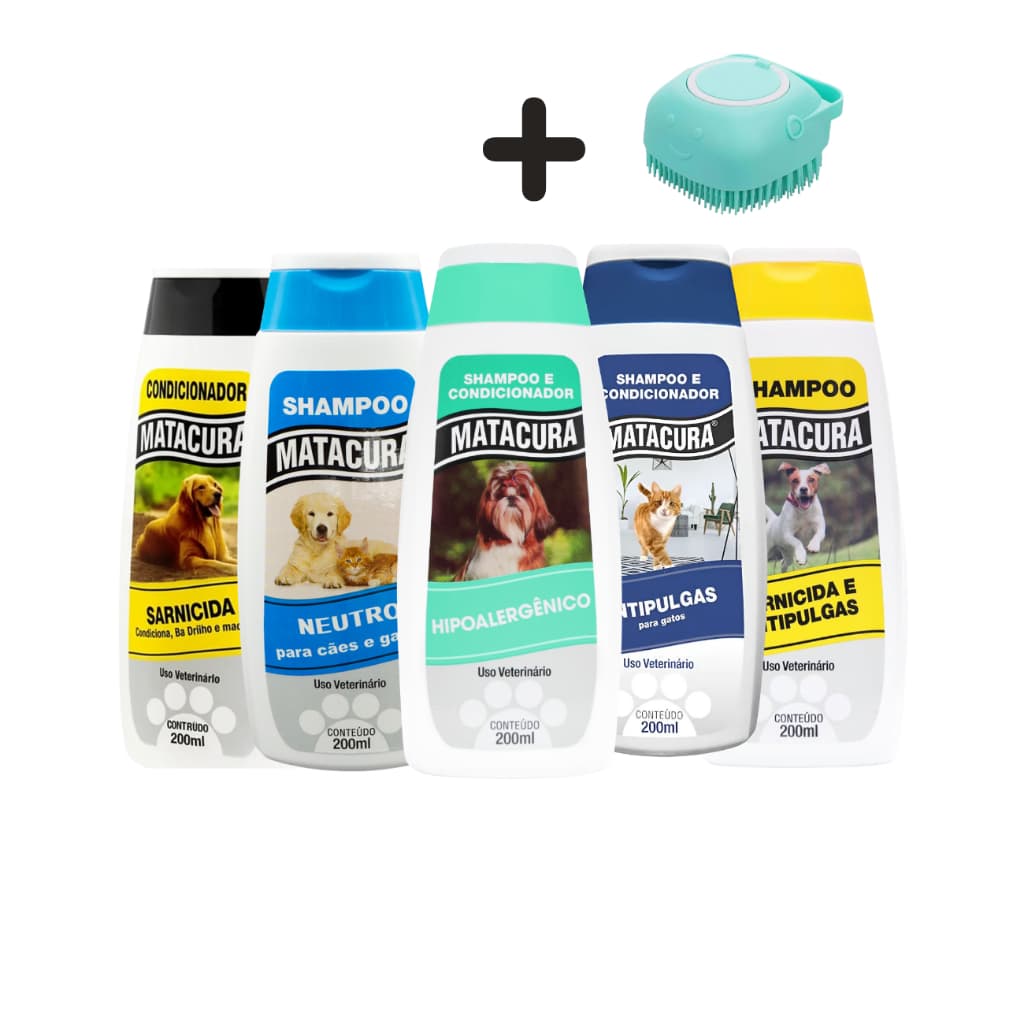 Kit Shampoo e Condicionador Matacura 200ml + Escova de Banho Massageadora Pets