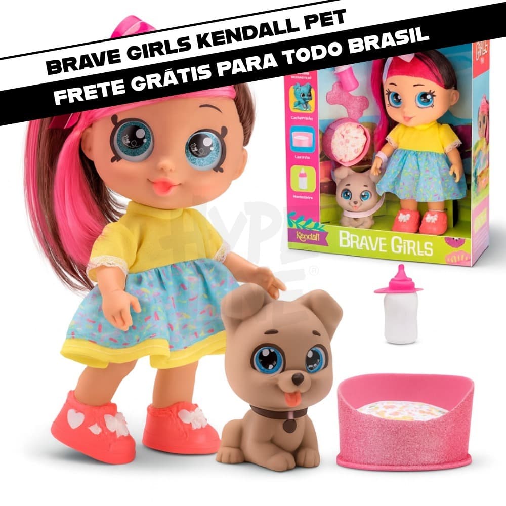 Boneca Kendall Pet Com Cachorrinho e Acessórios Coleção Cabelo Rosa Brave Girls Bee Toys
