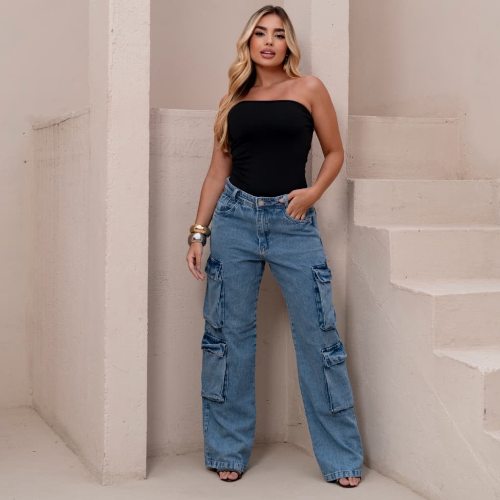 Calça Jeans Wide Leg Cargo Feminina 4 Bolsos Cintura Alta