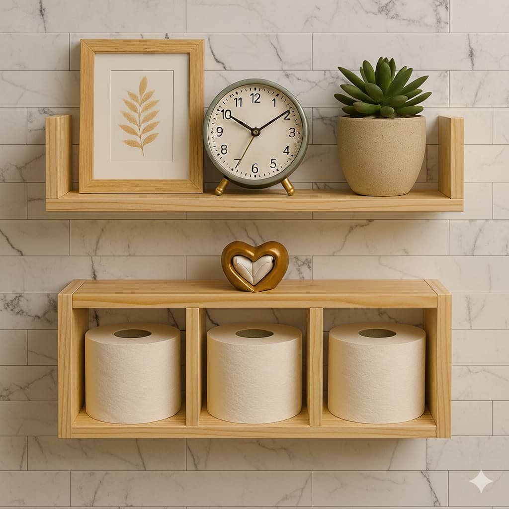 Conjunto Nicho + Prateleira  50cmx10cm para Decoração Banheiro Quarto Bebê 100% em Madeira Natural Pinus Já Montado