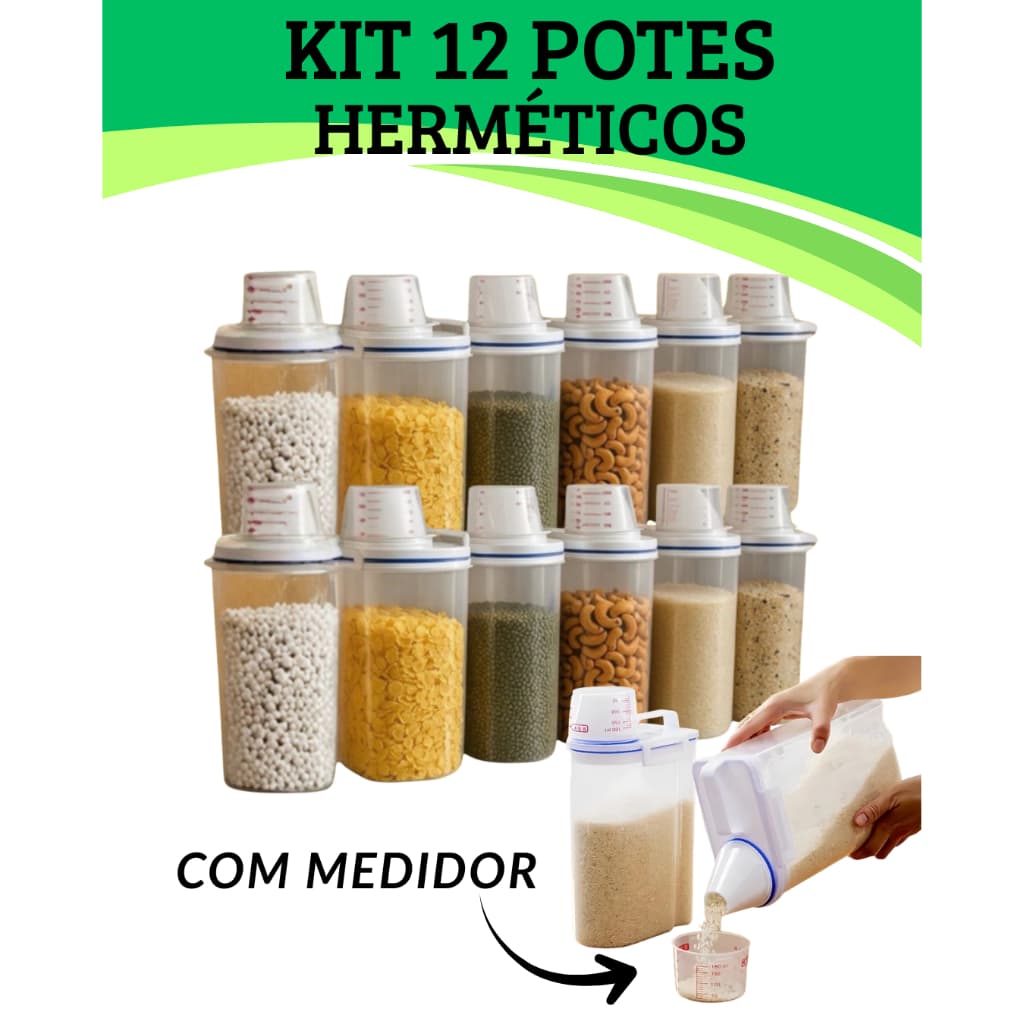 Kit 12 Potes Herméticos 2L com Bico Dosador Copo Medidor Anti Vazamento Lavanderia Cozinha Multiuso