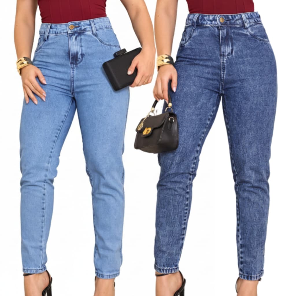 KIT CALÇA MOM JEANS 100% SEM LAYCRA CALÇA RETA AFUNILADA JEANS PREMIUM SEM LAYCRA JEANS DELUX CLARA E MARMORIZADA RETA T