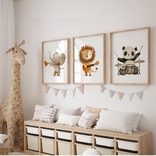 Kit 3 Quadros Decorativos Infantil | Safari Instrumentistas | Quarto Bebê Menino –Instrumentos No2