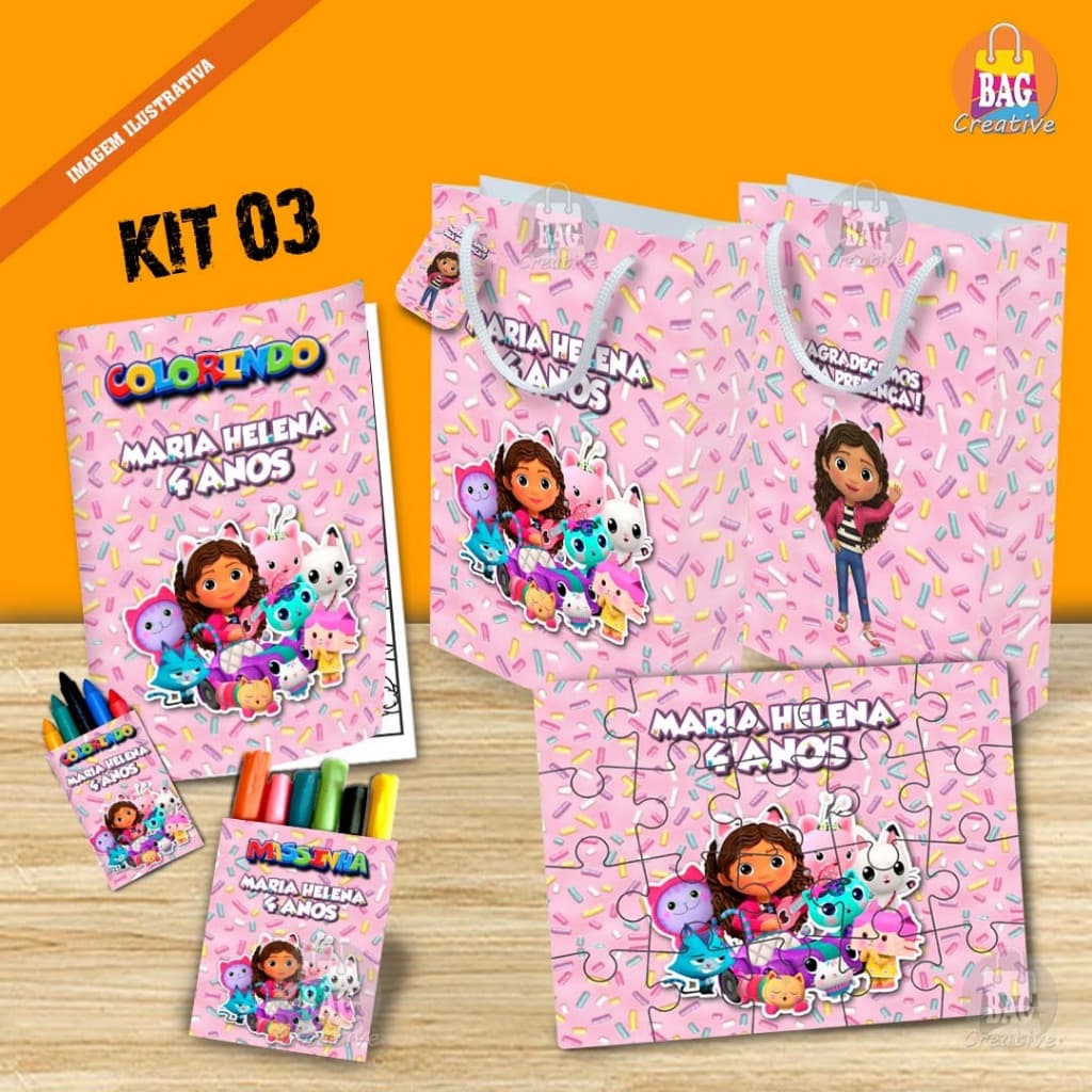 Lembrancinha Kit Sacolinha Personalizado Quebra Cabeça, Livrinho, Massinha A Casa Magica Da Gabby