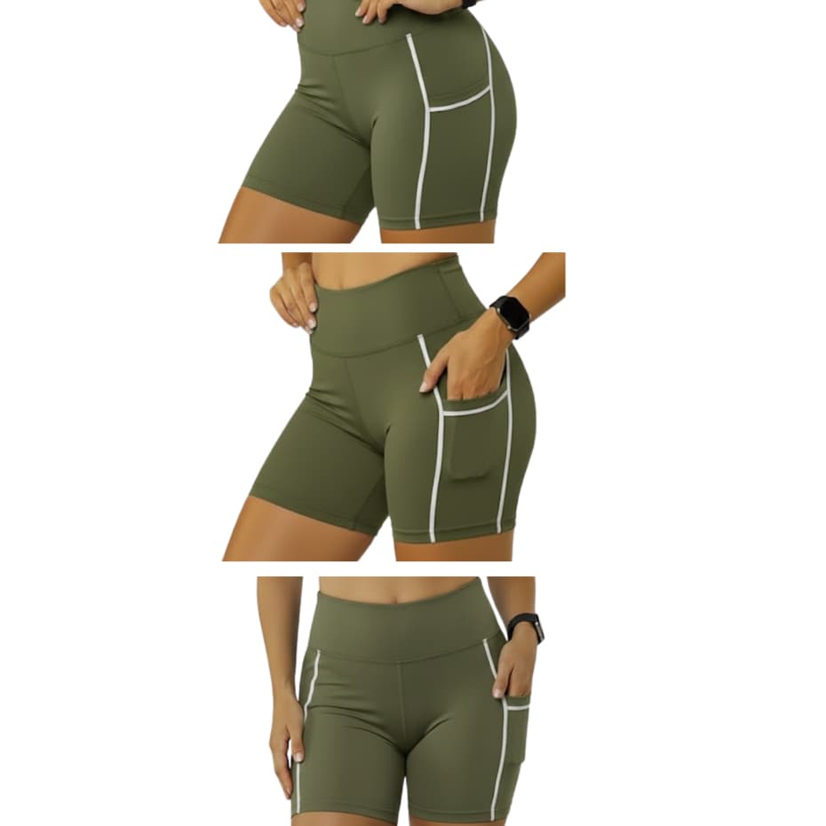 Short Feminino Corrida com Bolsos Laterais Alta Compressão Cós Alto Para Academia Casual Esportivo