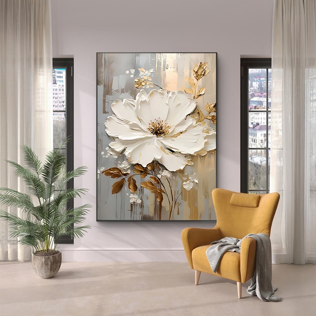 Quadro Decorativo 80x120 cm Gigante com Moldura Premium Para Sala Quarto Floral Dourado