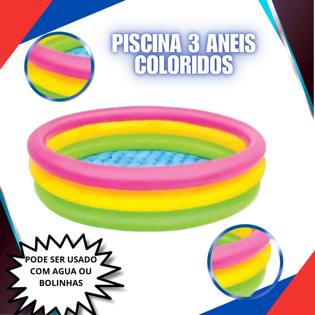 Piscina Infantil Inflável Redonda 140 LITROS e 260 LITROS com 3 Anéis Colorida