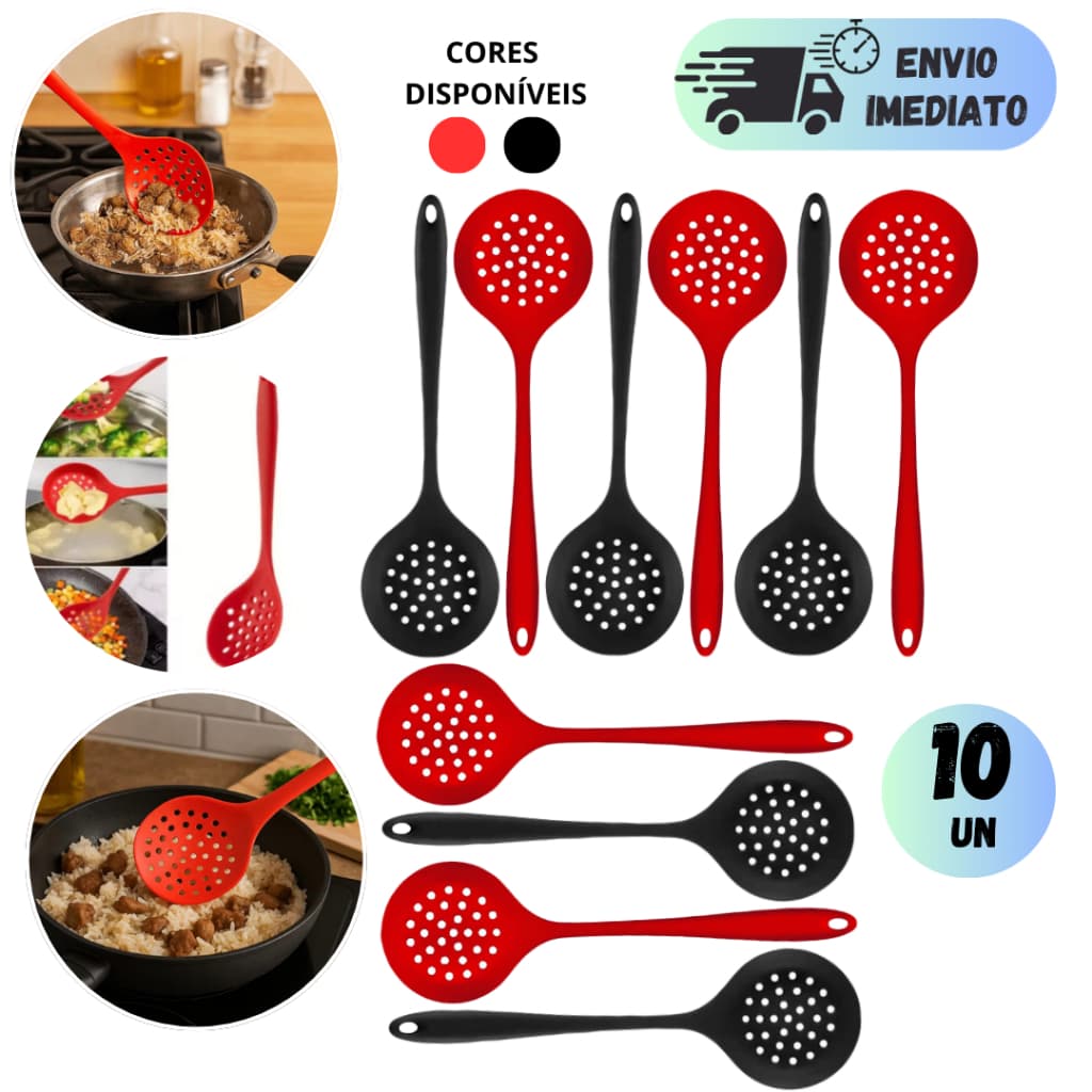 KIT 6 A 10 ESCUMADEIRAS MULTIUSO DE  SILICONE VERMELHA E PRETA UTENSÍLIO  PARA FRITAR SERVIR ARROZ