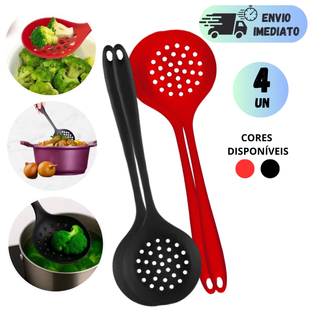 KIT 2 OU 4 ESCUMADEIRA DE SILICONE VERMELHA E PRETA RESISTENTE AO CALOR MULTIUSO UTENSÍLIO PREMIUM
