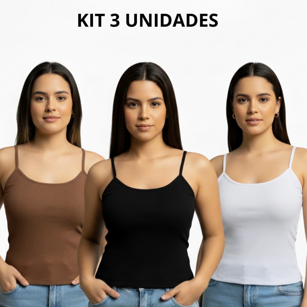 Kit 3 Blusinha Feminina Ribana Canelada Alcinha Básica Justa Moda Verão de algodão