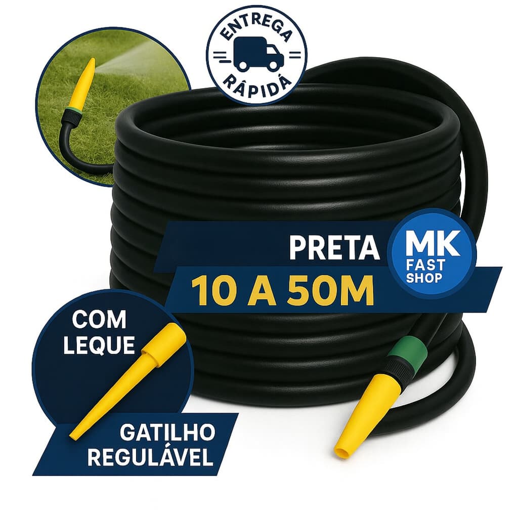 Mangueira de jardim 50 metros antitorção não dobra resistente preta flexível flat 7/16 com engate e esguicho