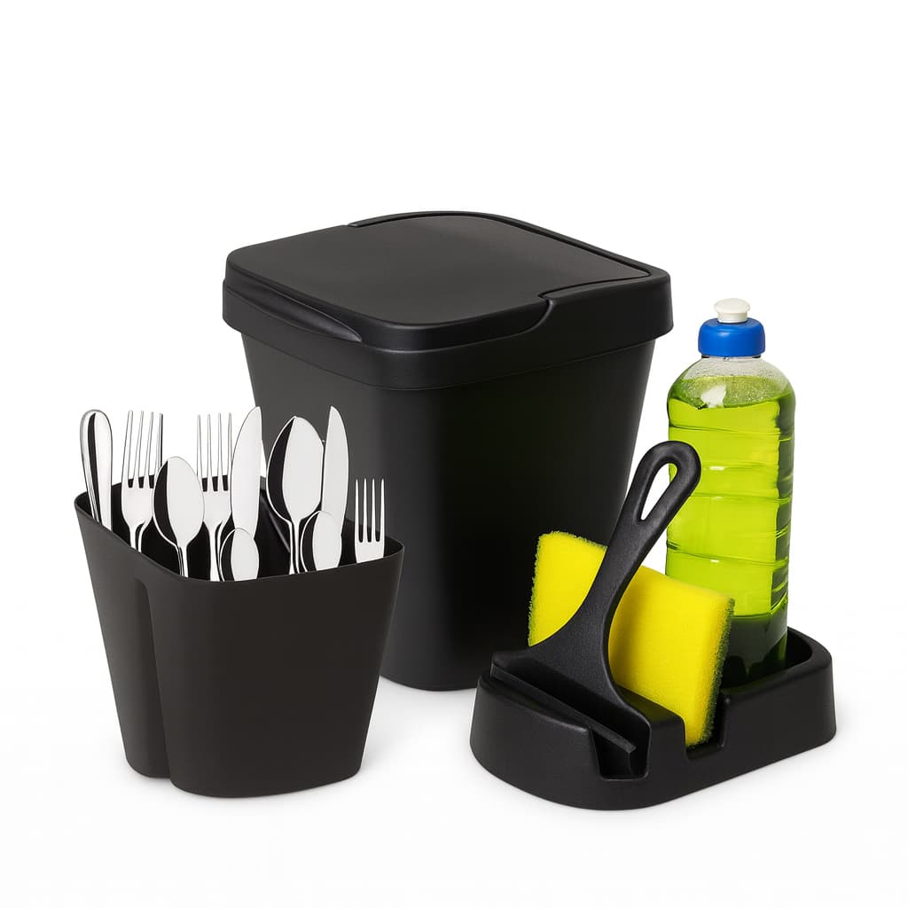 Kit Pia Cozinha Multiuso Lixeira Rodo de Pia Porta Detergente Porta Talher 4 Peças