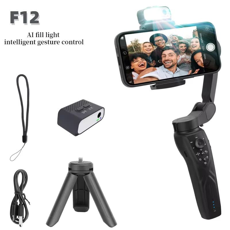 Gimbal F12 3 eixos com rastreamento em tempo real e tripé selfie para estabilizar seu celular móvel