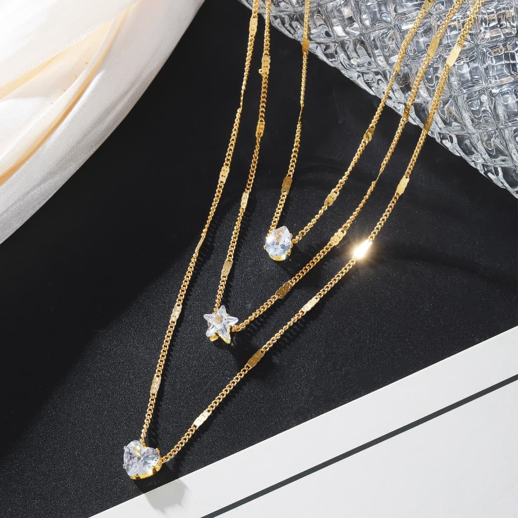 Colar Corrente Tripla Pedras 40Cm Banhado Ouro 18k Luxo