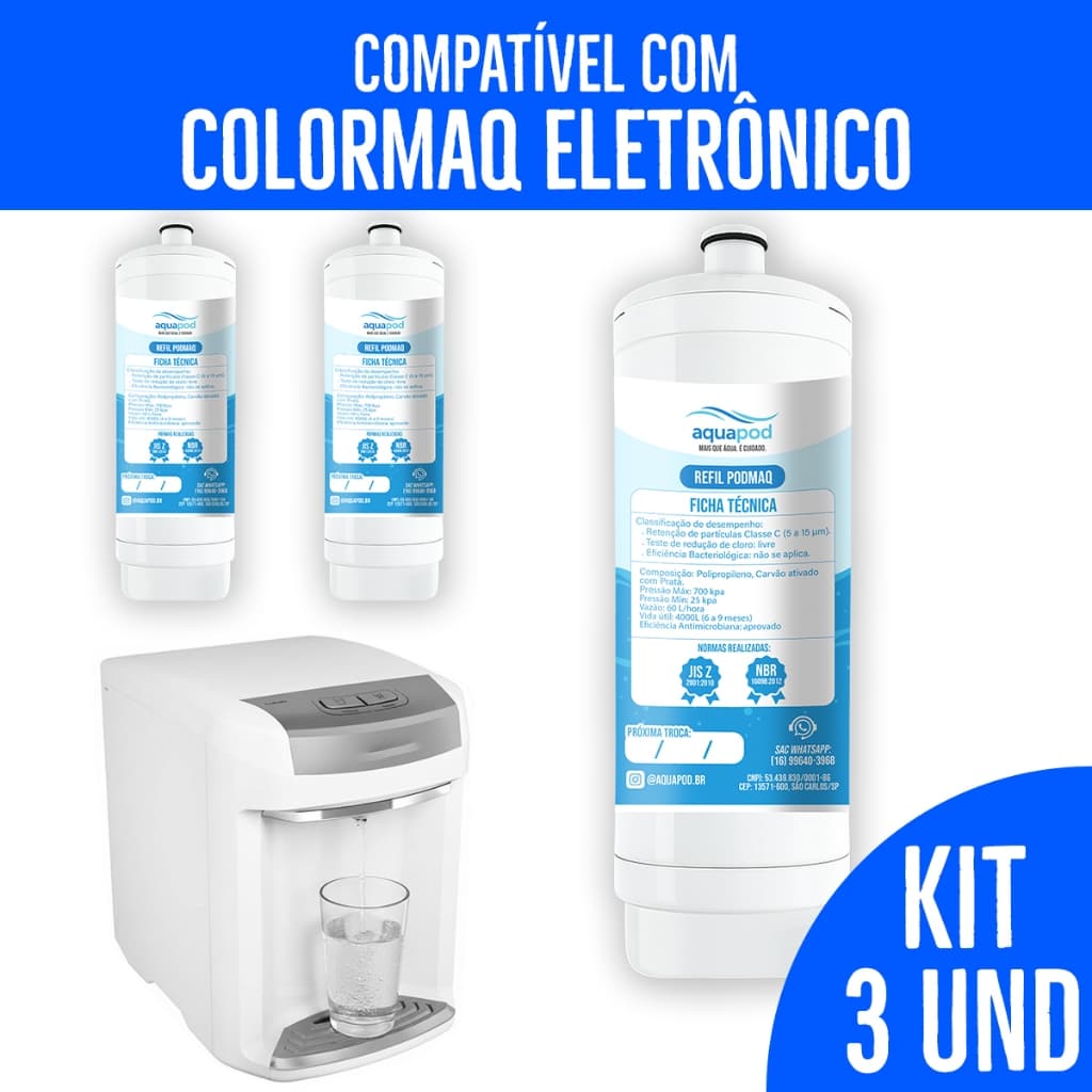 Kit 3 Refil Aquapod Compatilvel com Purificador Colormaq Eletrônico Branco