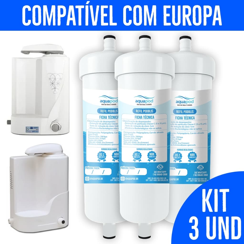 Kit 3 Refil Aquapod Compatilvel com Purificador Europa By Hebe e Bliss