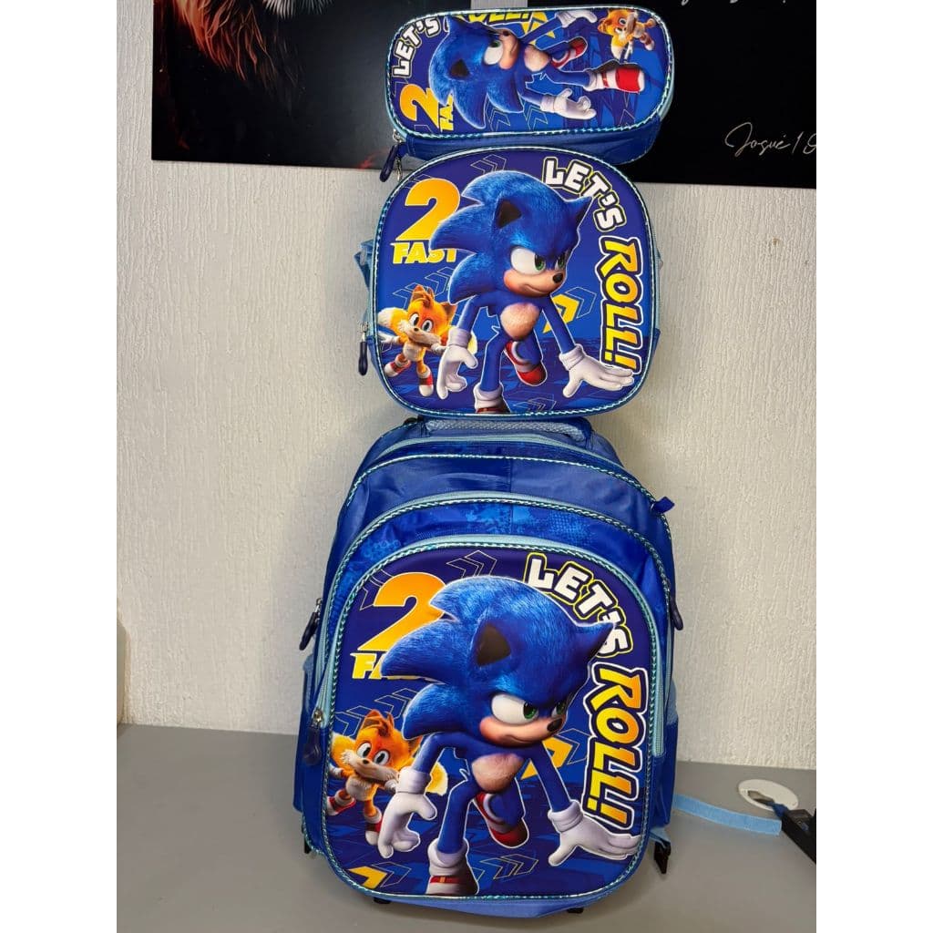 Kit Personagens Mochila Rodinha Infantil Lancheira E Estojo Sonic Estampado