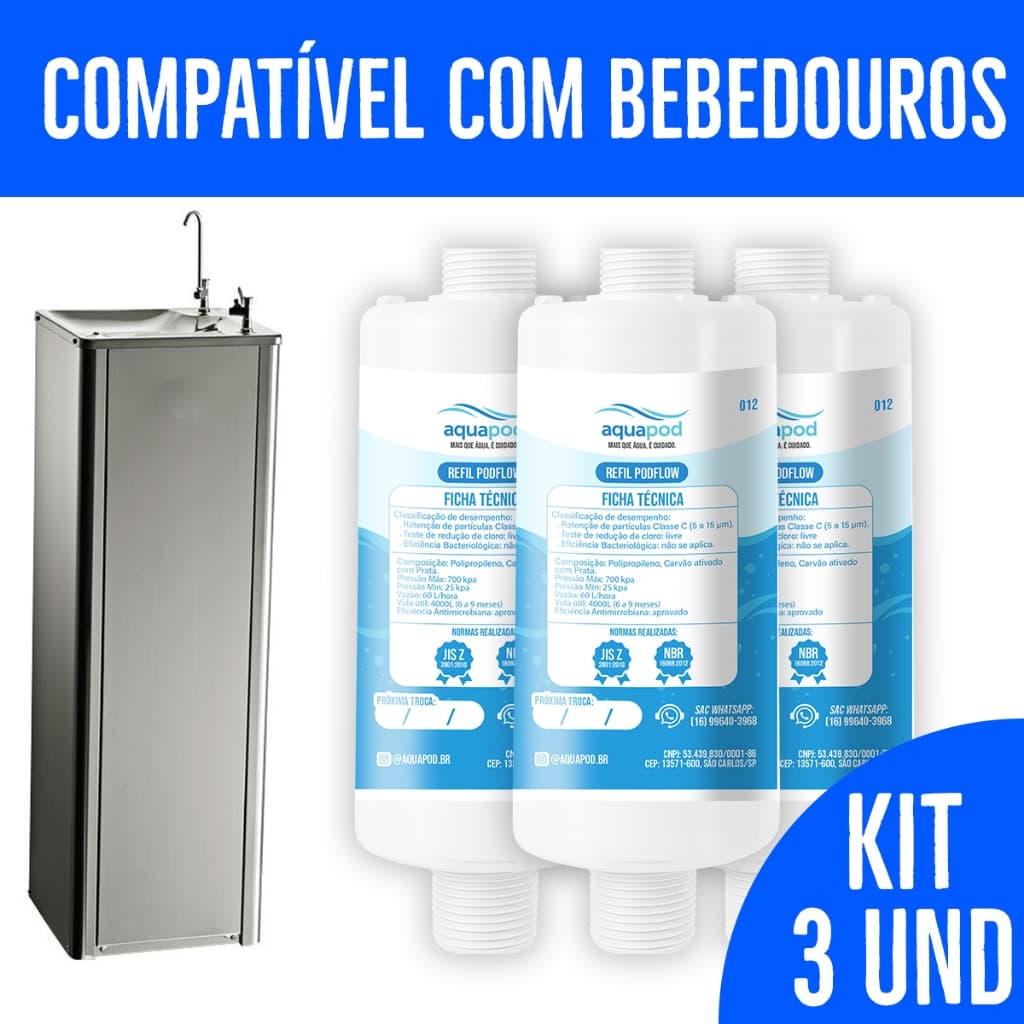 Kit 3 Refil Aquapod Compatilvel com Bebedouro Pressão Bag Industrial IBBL