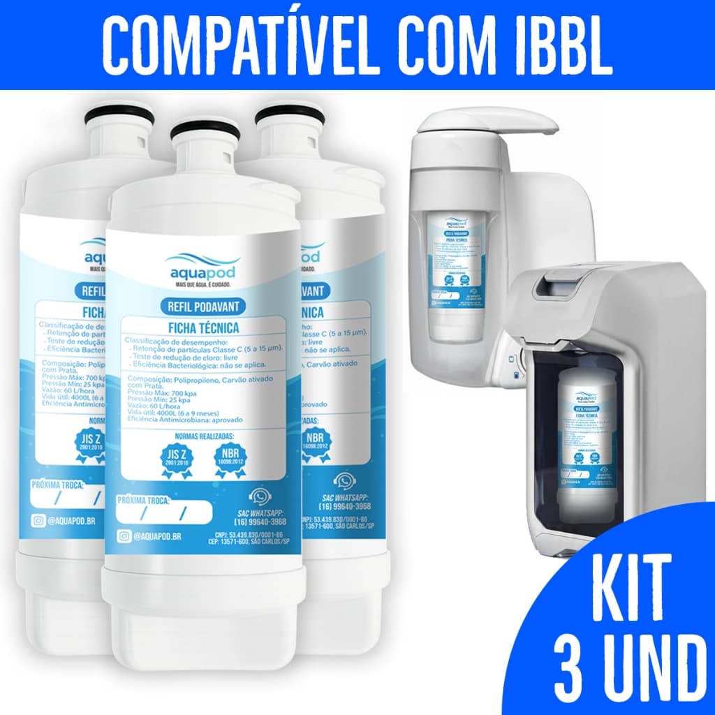 Kit 3 Refil Aquapod Compatilvel com Purificador Avanti Mio Ibbl